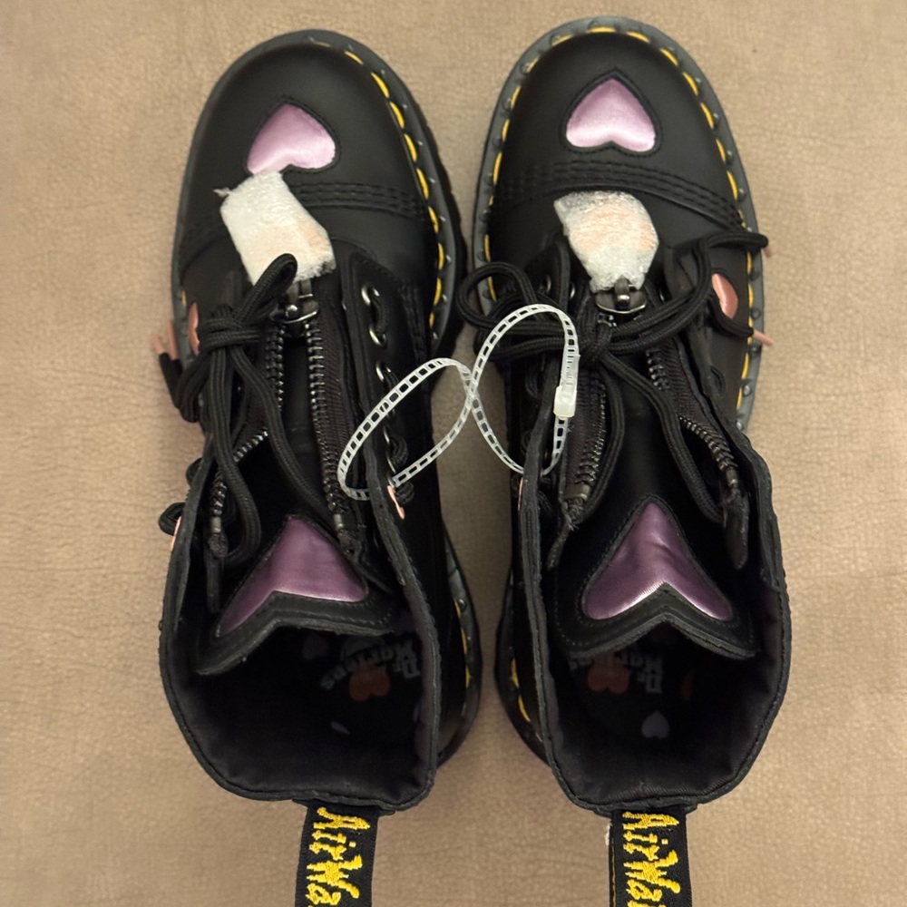 Dr. Martens Black Lace Up Boots with Pink and Purple Hearts - Picture 6 of 15